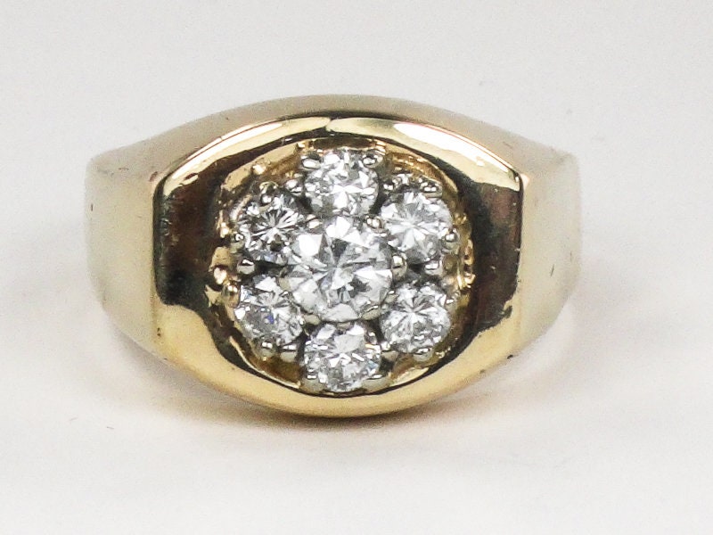 Vintage Men's 14k Yellow Gold Natural Diamond Cluster Ring Approx 1.0 CT TDW Diamond Ring