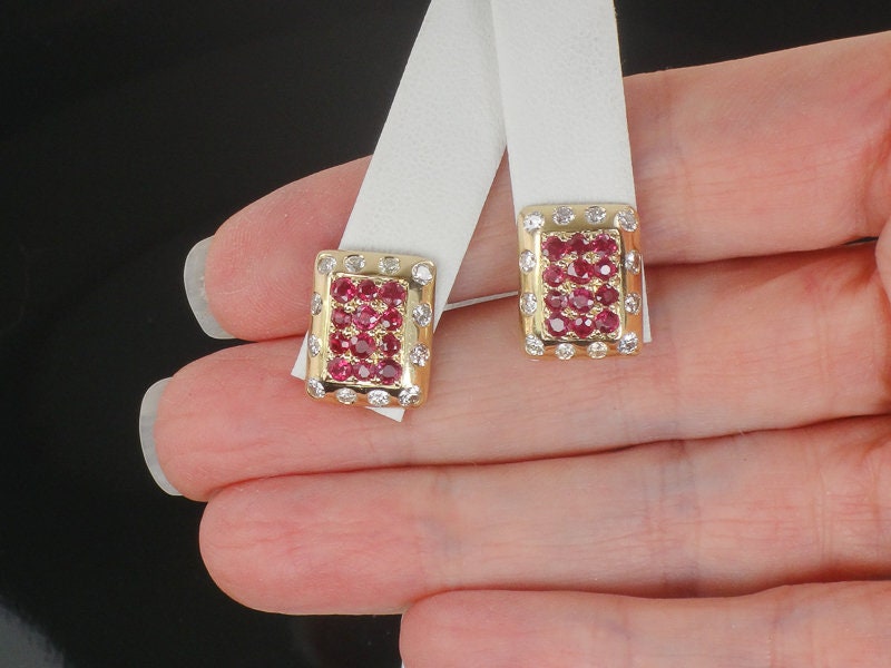 Vintage 14k Yellow Gold Natural Ruby and Diamond Stud Earrings