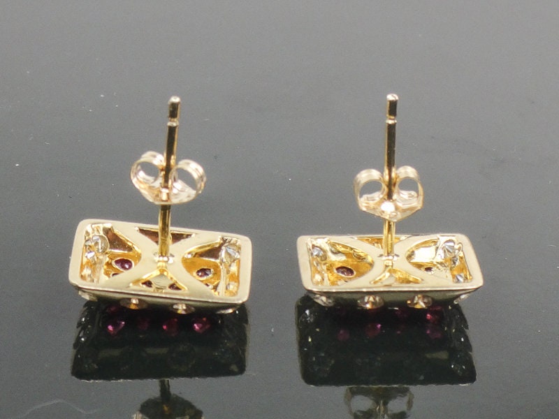 Vintage 14k Yellow Gold Natural Ruby and Diamond Stud Earrings
