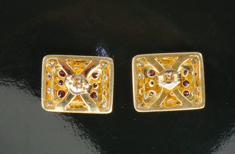 Vintage 14k Yellow Gold Natural Ruby and Diamond Stud Earrings