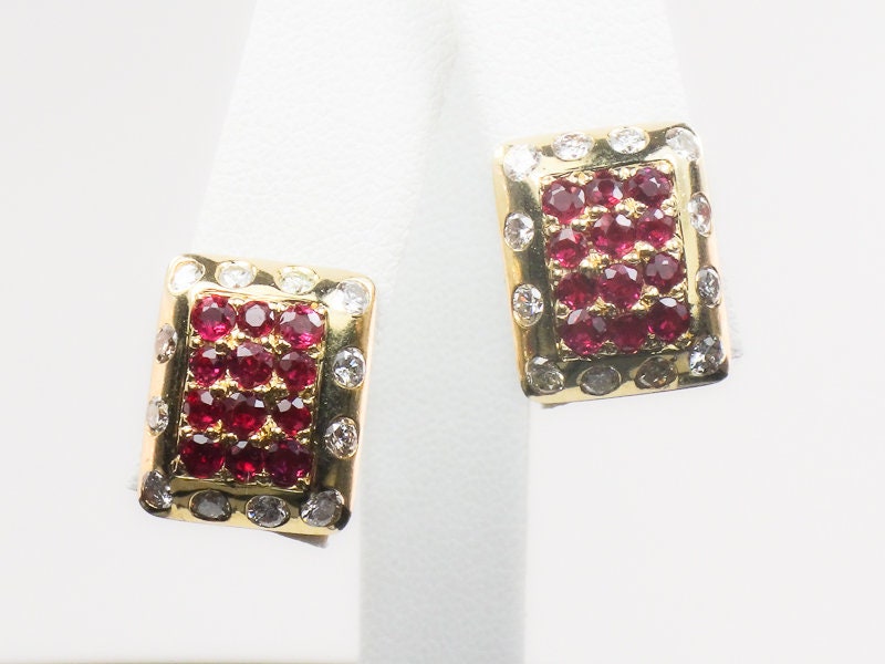 Vintage 14k Yellow Gold Natural Ruby and Diamond Stud Earrings