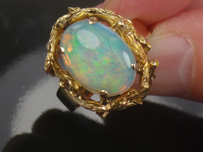 Vintage 14k Yellow Gold Natural Opal Brutalist Ring October Birthstone