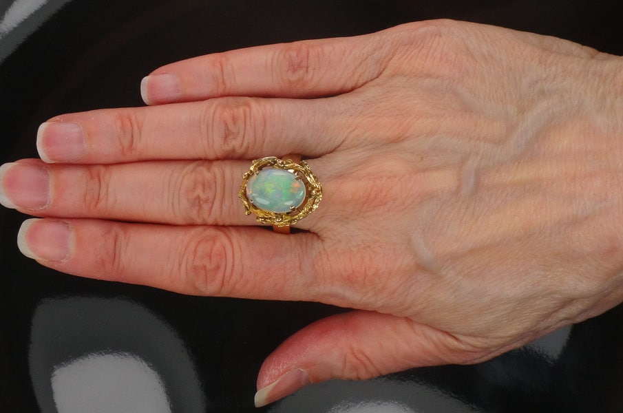 Vintage 14k Yellow Gold Natural Opal Brutalist Ring October Birthstone