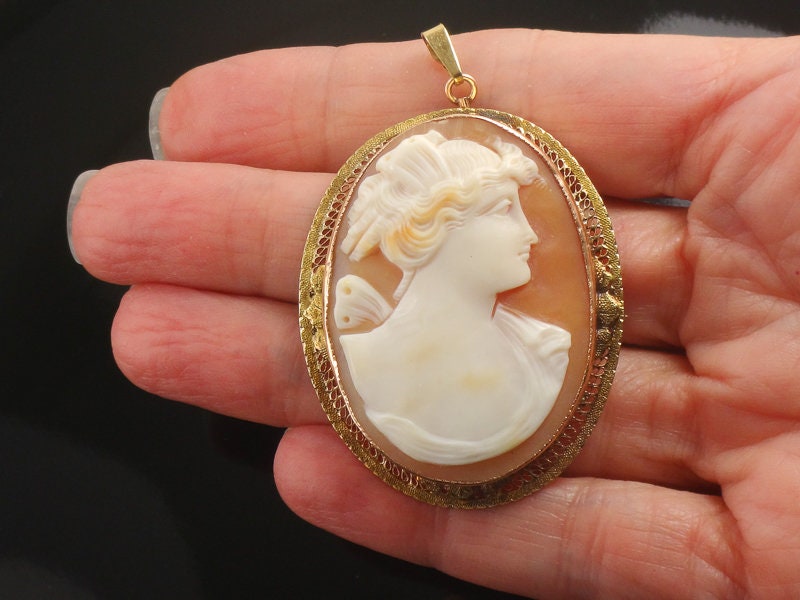 Large 10k Gold Shell Cameo Pendant Pin Hand Carved Goddess Psyche Butterfly Shell Cameo - Filigree Art Deco Circa 1920's