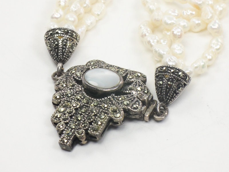 Vintage Sterling Silver Multi-Strand Freshwater Pearl Marcasite & Mother of Pearl Necklace 19"