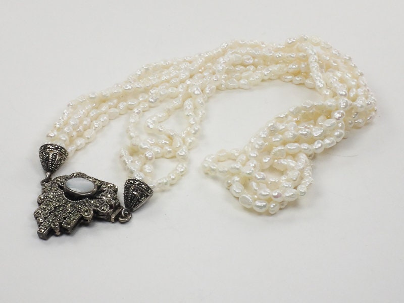 Vintage Sterling Silver Multi-Strand Freshwater Pearl Marcasite & Mother of Pearl Necklace 19"