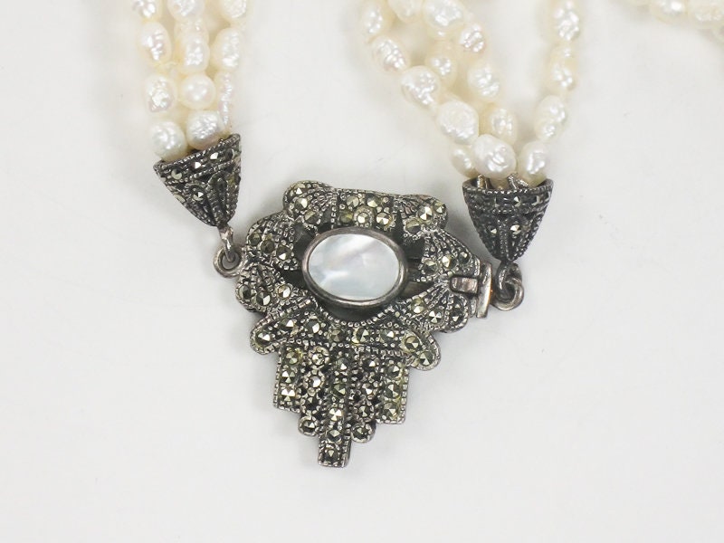 Vintage Sterling Silver Multi-Strand Freshwater Pearl Marcasite & Mother of Pearl Necklace 19"