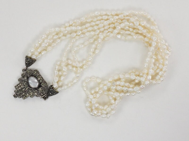 Vintage Sterling Silver Multi-Strand Freshwater Pearl Marcasite & Mother of Pearl Necklace 19"