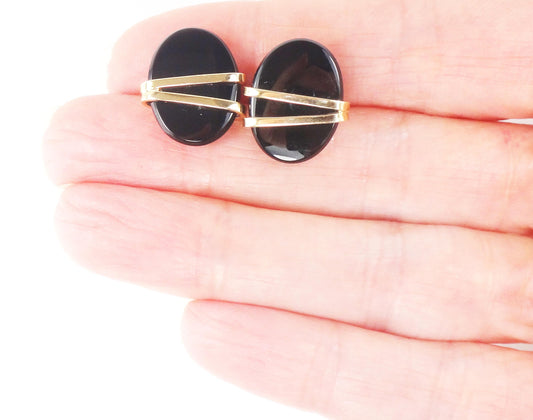 Vintage 14k Yellow Gold Black Onyx Stud Earrings Oval Studs with Post Backs