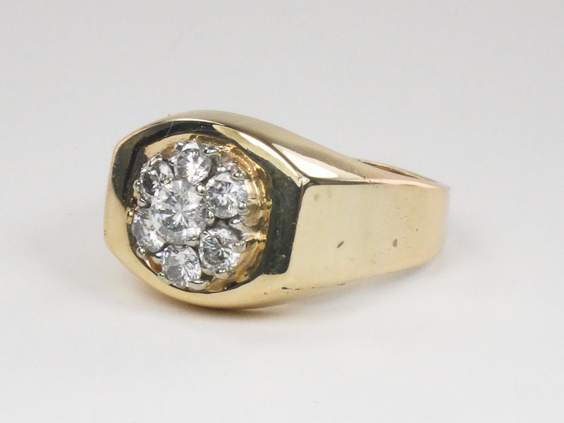 Vintage Men's 14k Yellow Gold Natural Diamond Cluster Ring: 1.0 CT TDW