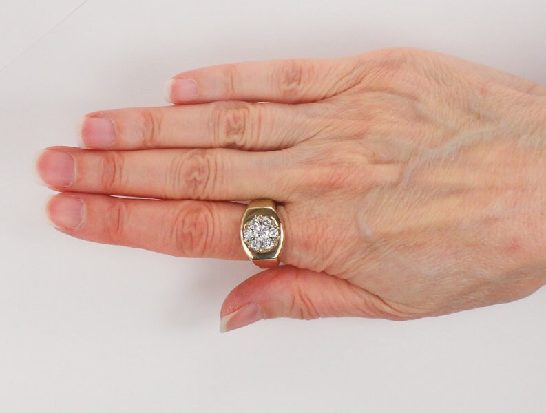 Vintage Men's 14k Yellow Gold Natural Diamond Cluster Ring Approx 1.0 CT TDW Diamond Ring
