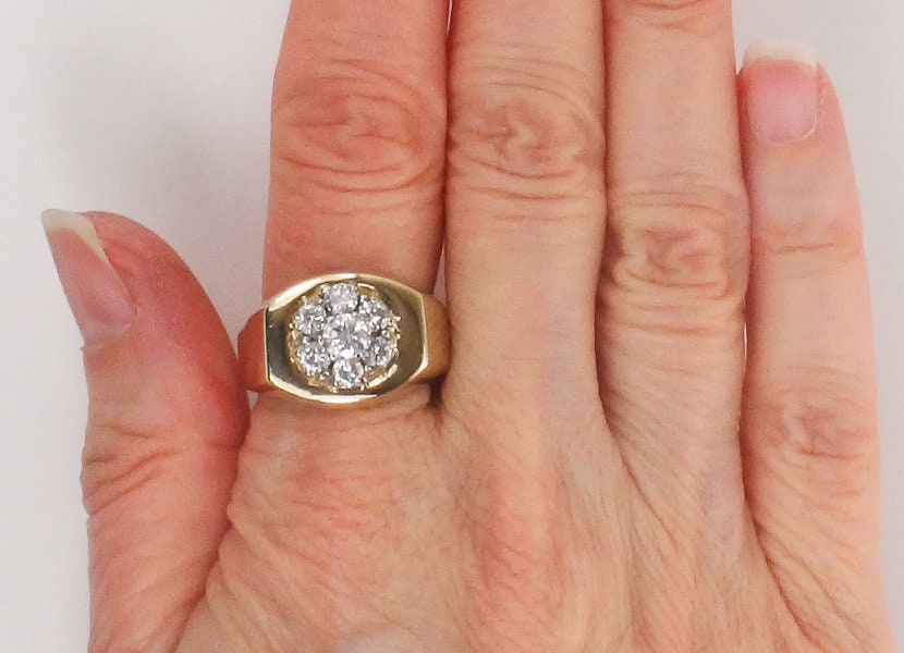 Vintage Men's 14k Yellow Gold Natural Diamond Cluster Ring Approx 1.0 CT TDW Diamond Ring