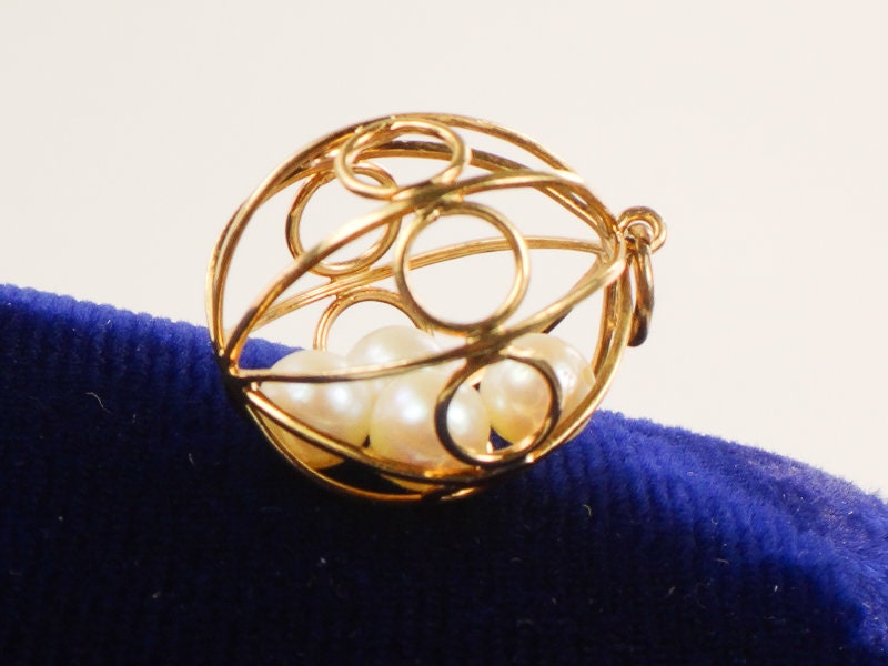 Vintage 18k Yellow Gold Cultured Pearl Ball Cage Pendant Charm
