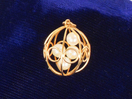 Vintage 18k Yellow Gold Cultured Pearl Ball Cage Pendant Charm