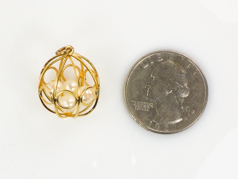 Vintage 18k Yellow Gold Cultured Pearl Ball Cage Pendant Charm