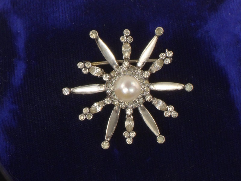 Vintage Mazer Sterling Silver Faux Pearl and Rhinestone Starburst Pin