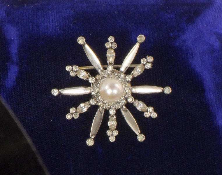 Vintage Mazer Sterling Silver Faux Pearl and Rhinestone Starburst Pin