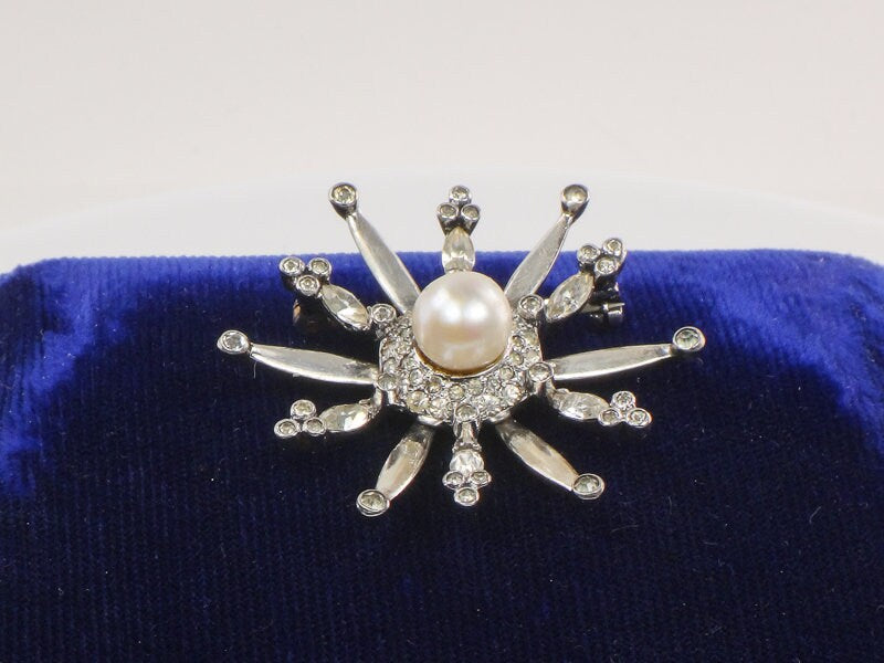 Vintage Mazer Sterling Silver Faux Pearl and Rhinestone Starburst Pin