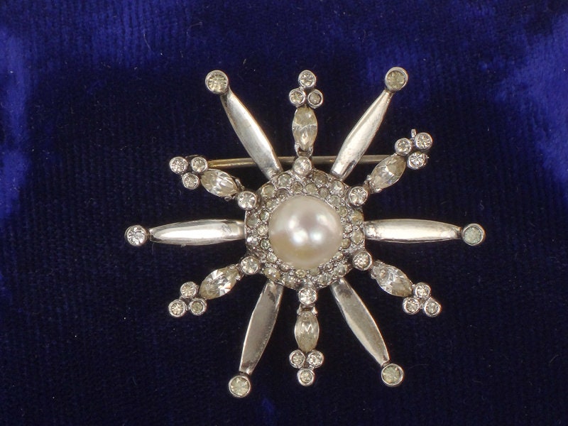 Vintage Mazer Sterling Silver Faux Pearl and Rhinestone Starburst Pin