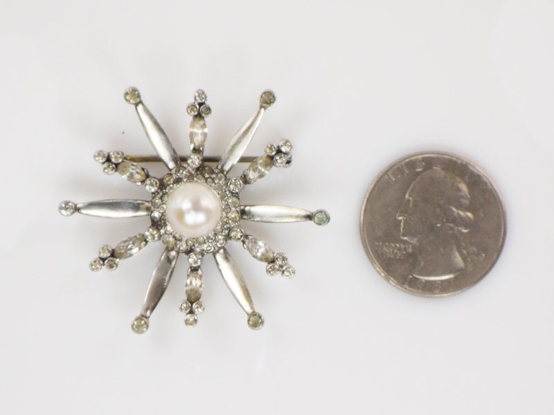 Vintage Mazer Sterling Silver Faux Pearl and Rhinestone Starburst Pin
