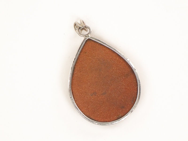 Large Sterling Silver Teardrop Shaped Goldstone Pendant - Vintage Fine Jewelry
