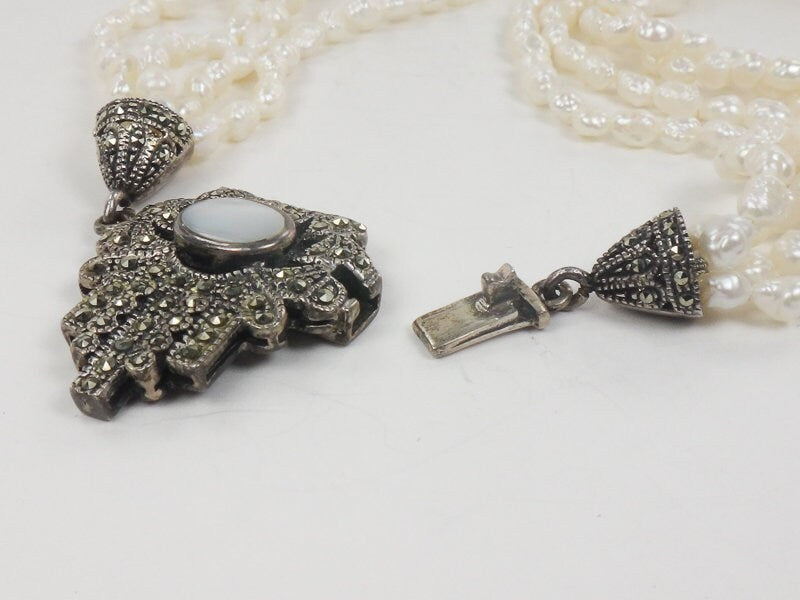 Vintage Sterling Silver Multi-Strand Freshwater Pearl Marcasite & Mother of Pearl Necklace 19"