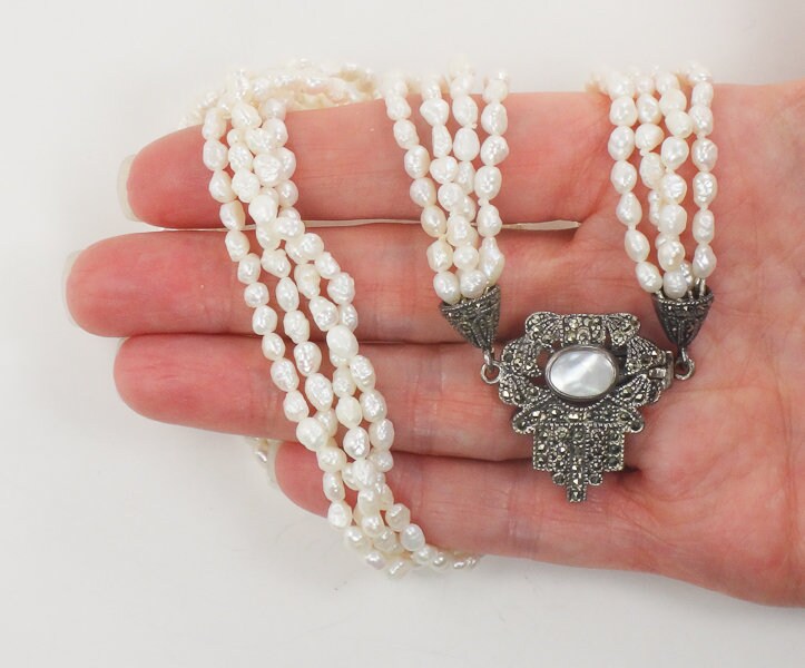 Vintage Sterling Silver Multi-Strand Freshwater Pearl Marcasite & Mother of Pearl Necklace 19"