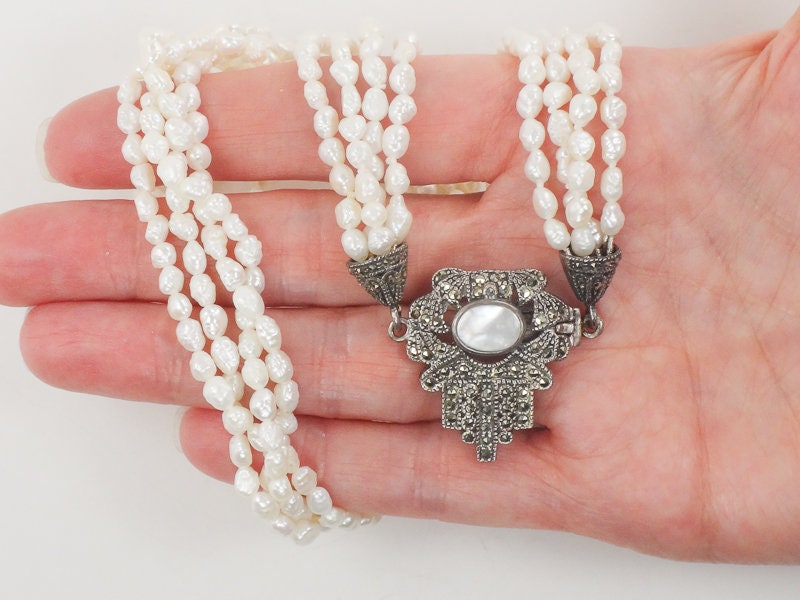 Vintage Sterling Silver Multi-Strand Freshwater Pearl Marcasite & Mother of Pearl Necklace 19"