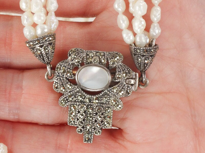 Vintage Sterling Silver Multi-Strand Freshwater Pearl Marcasite & Mother of Pearl Necklace 19"