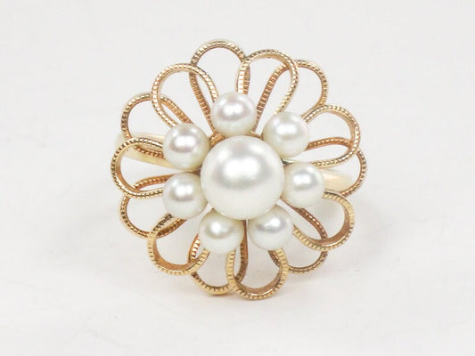 Vintage 14k Yellow Gold Cultured Pearl Floral Ring, June Birthstone Ring, Size 4.5