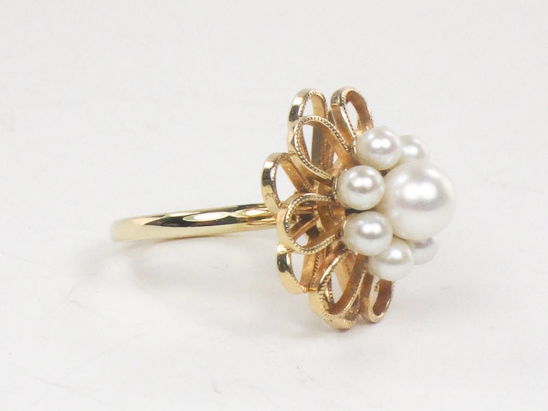 Vintage 14k Yellow Gold Cultured Pearl Floral Ring, June Birthstone Ring, Size 4.5