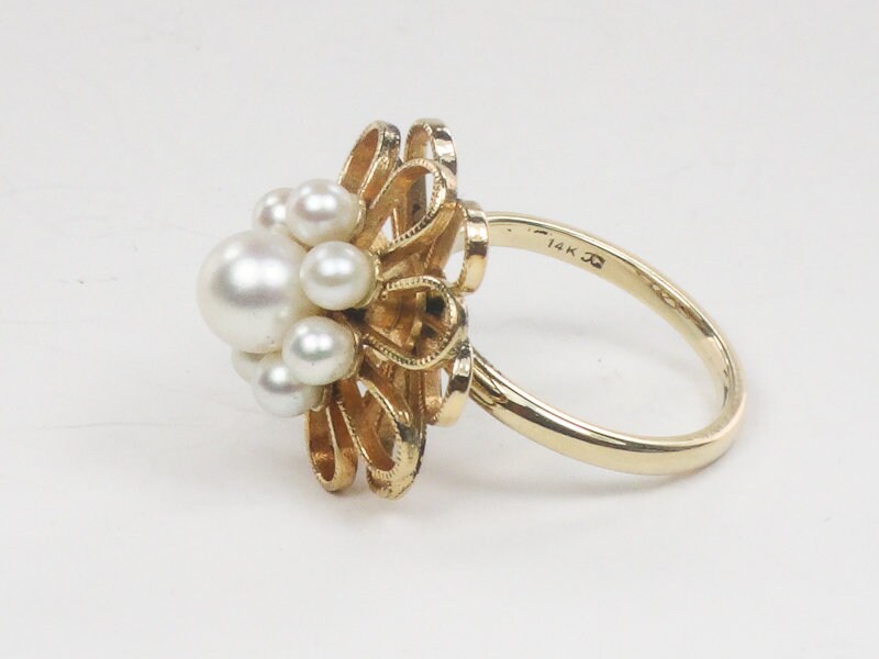 Vintage 14k Yellow Gold Cultured Pearl Floral Ring, June Birthstone Ring, Size 4.5