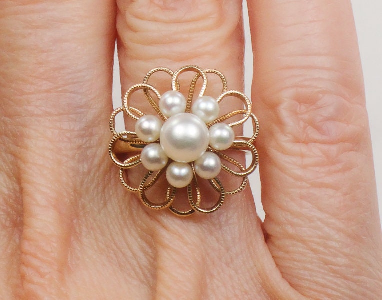 Vintage 14k Yellow Gold Cultured Pearl Floral Ring, June Birthstone Ring, Size 4.5