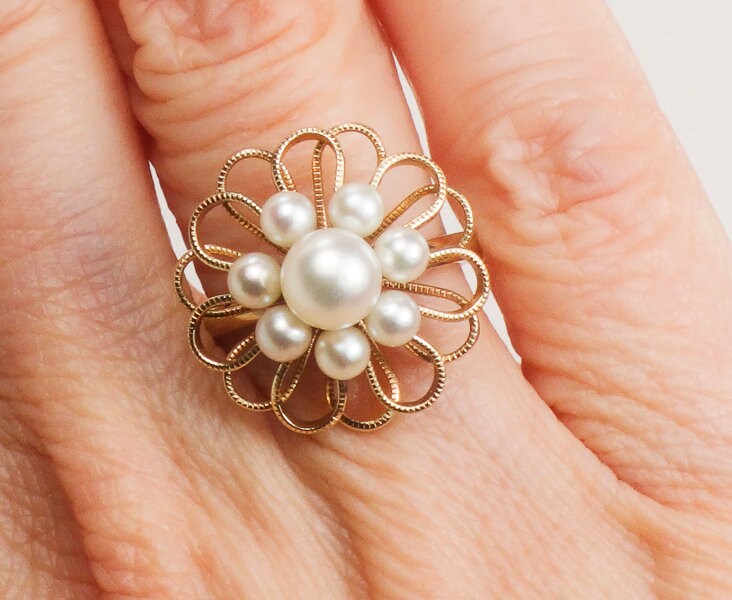 Vintage 14k Yellow Gold Cultured Pearl Floral Ring, June Birthstone Ring, Size 4.5