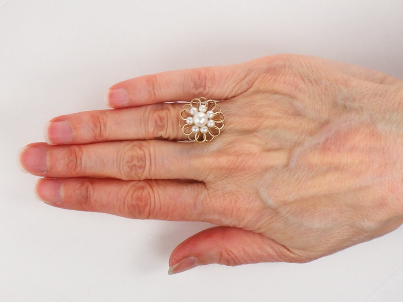 Vintage 14k Yellow Gold Cultured Pearl Floral Ring, June Birthstone Ring, Size 4.5