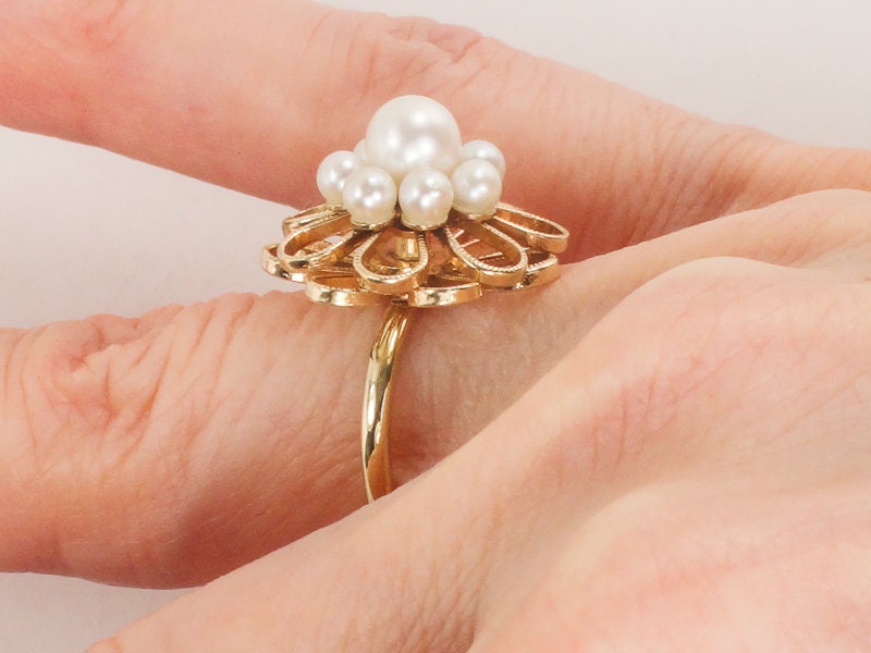 Vintage 14k Yellow Gold Cultured Pearl Floral Ring, June Birthstone Ring, Size 4.5