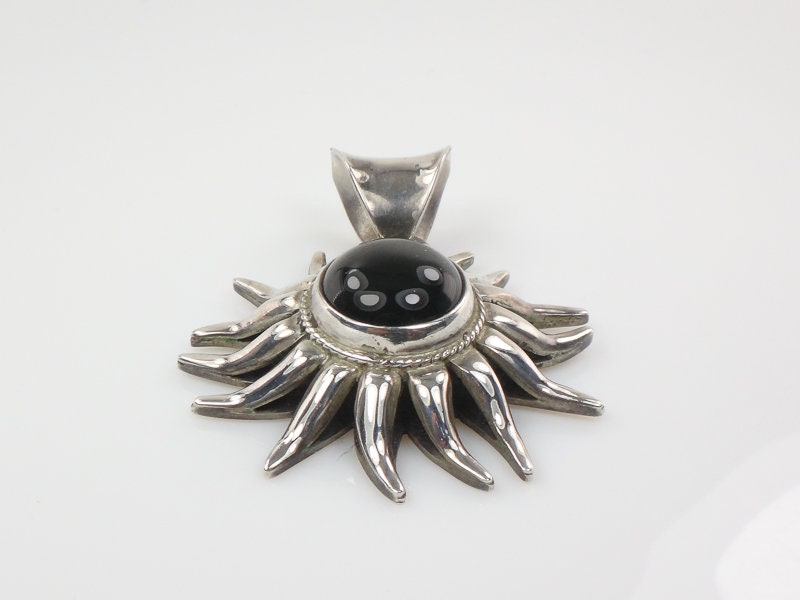 Vintage Large Sterling Silver Black Onyx Sun Pendant Made in Mexico