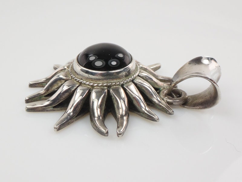 Vintage Large Sterling Silver Black Onyx Sun Pendant Made in Mexico