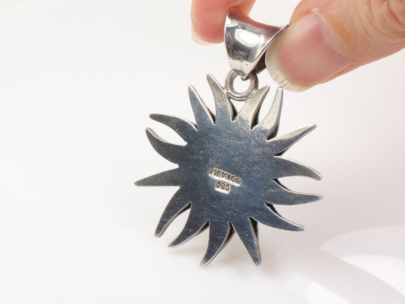 Vintage Large Sterling Silver Black Onyx Sun Pendant Made in Mexico