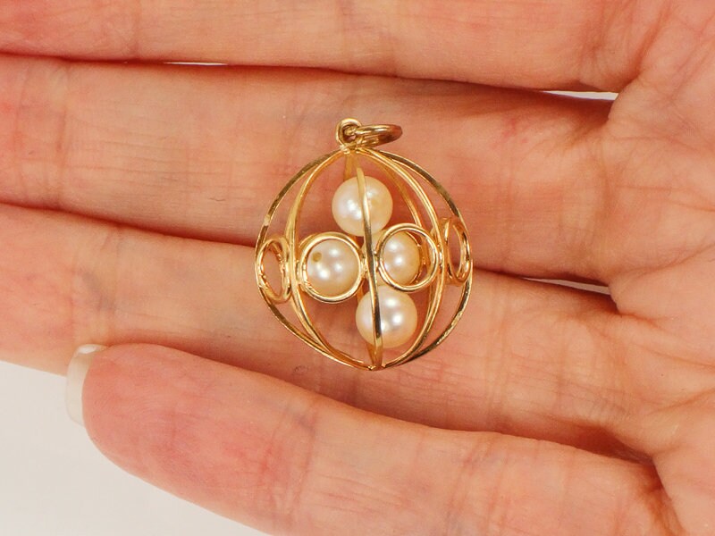 Vintage 18k Yellow Gold Cultured Pearl Ball Cage Pendant Charm