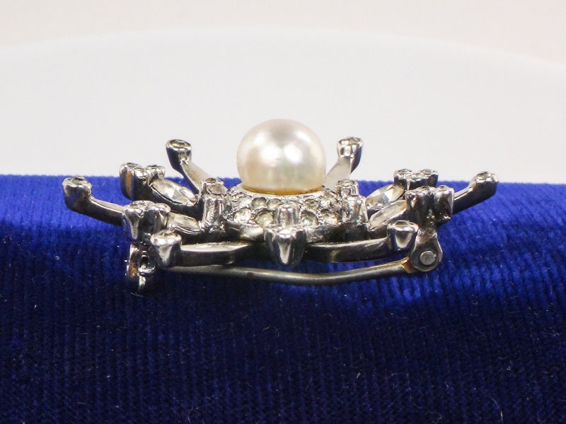 Vintage Mazer Sterling Silver Faux Pearl and Rhinestone Starburst Pin