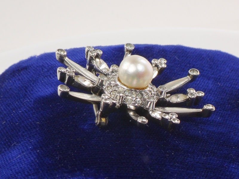 Vintage Mazer Sterling Silver Faux Pearl and Rhinestone Starburst Pin