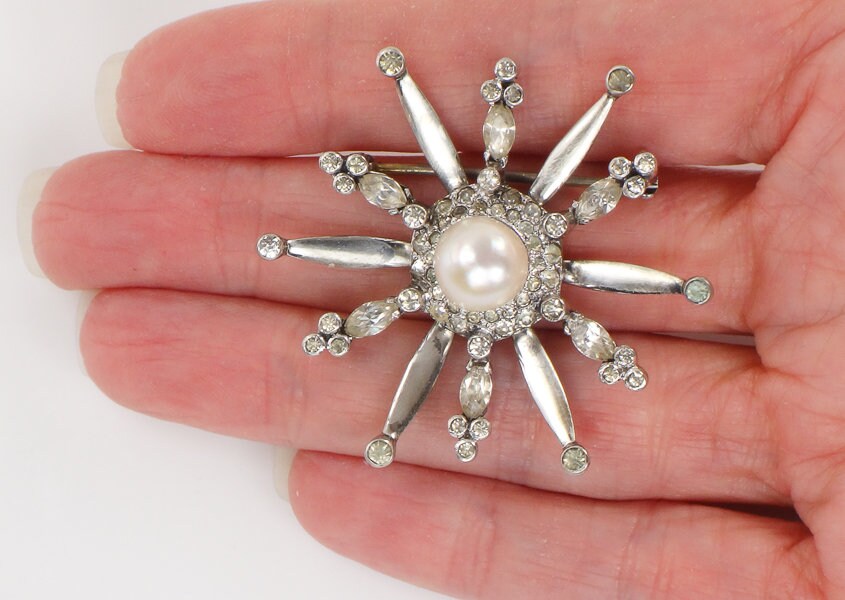 Vintage Mazer Sterling Silver Faux Pearl and Rhinestone Starburst Pin