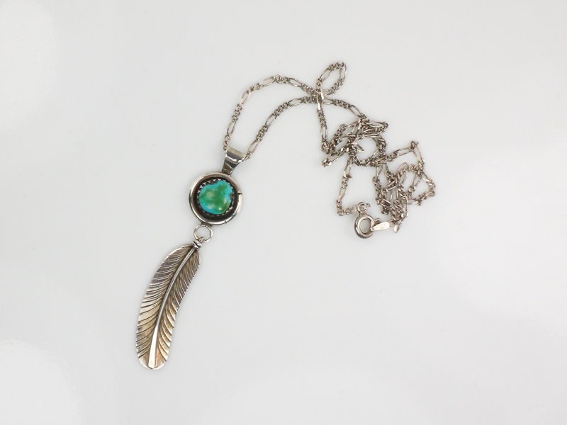 Vintage Gary Reeves Navajo Large Sterling Silver Turquoise Feather Pendant Necklace 16"