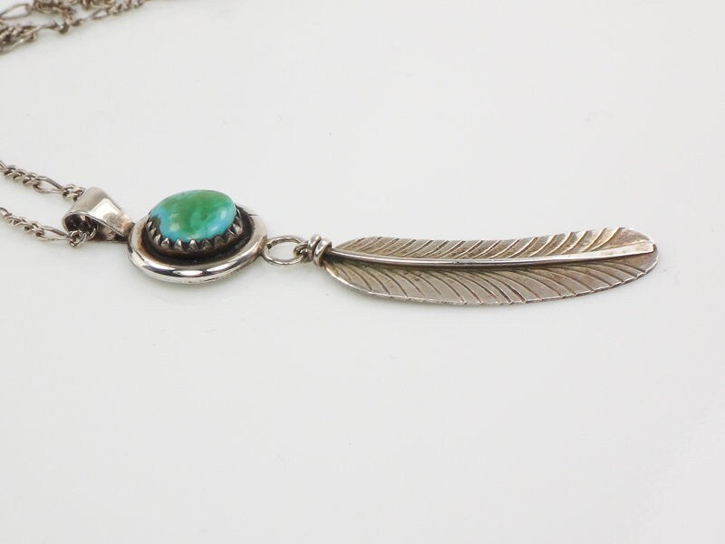 Vintage Gary Reeves Navajo Large Sterling Silver Turquoise Feather Pendant Necklace 16"