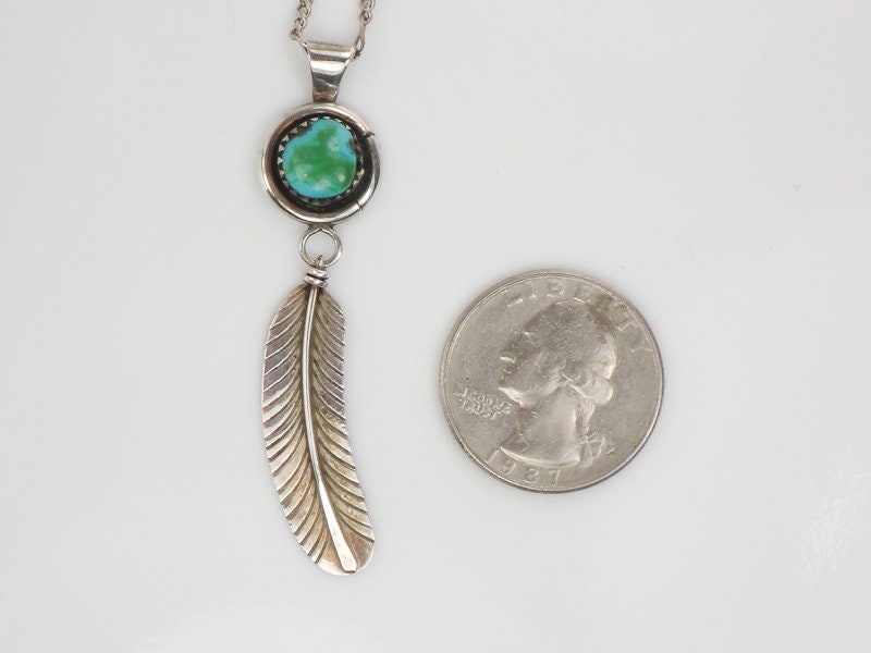 Vintage Gary Reeves Navajo Large Sterling Silver Turquoise Feather Pendant Necklace 16"
