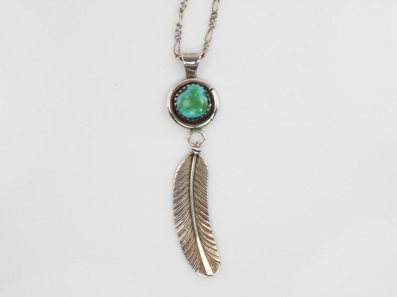 Vintage Gary Reeves Navajo Large Sterling Silver Turquoise Feather Pendant Necklace 16"