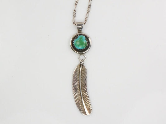 Vintage Gary Reeves Navajo Large Sterling Silver Turquoise Feather Pendant Necklace 16"