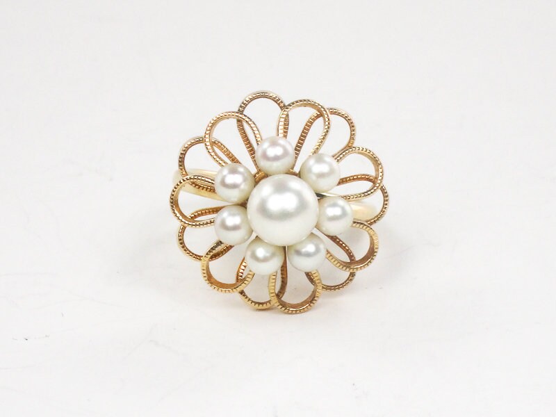 Vintage 14k Yellow Gold Cultured Pearl Floral Ring, June Birthstone Ring, Size 4.5