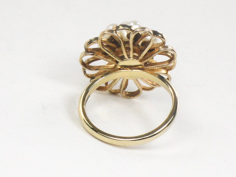 Vintage 14k Yellow Gold Cultured Pearl Floral Ring, June Birthstone Ring, Size 4.5